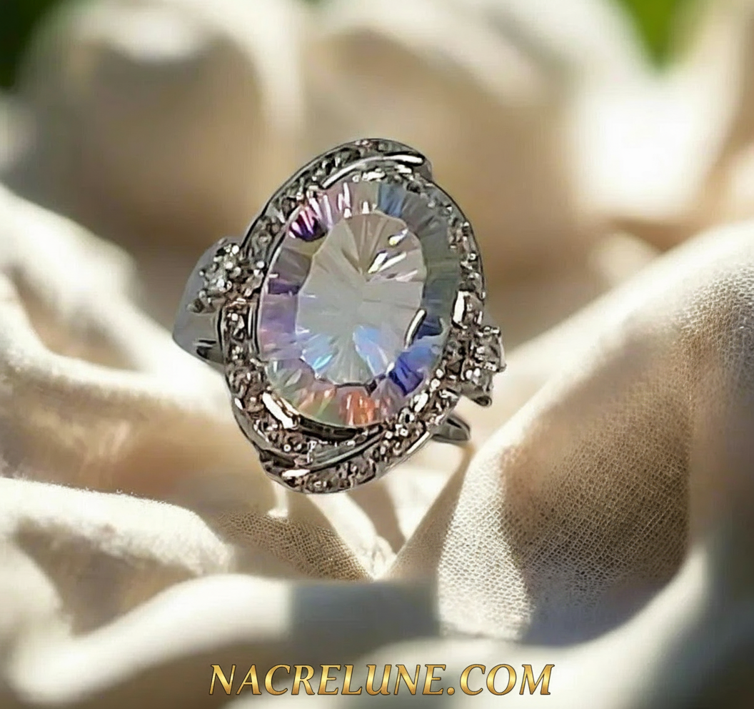 Bague argent 925 avec topaze traitée "mystique" arc en ciel NACRELUNE Bague