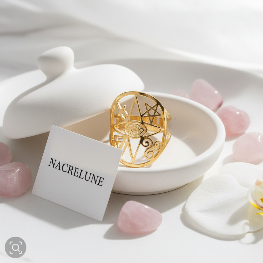 Bague Réglable Symboles Spirituels – Plaqué Or | NACRELUNE NACRELUNE Bague