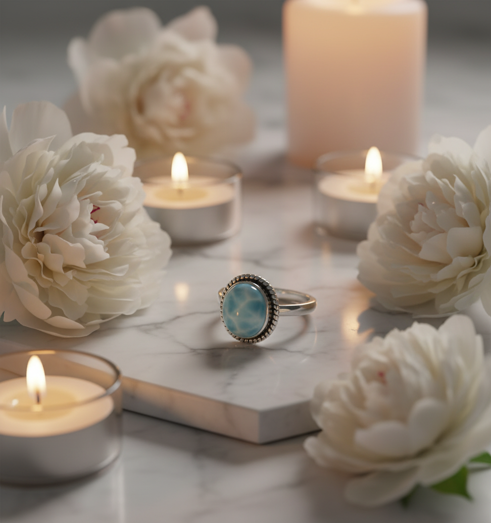 Bague en argent 925 et pierre larimar NACRELUNE Bague