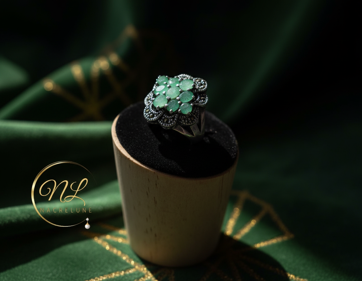 Bague en argent véritable et marcassites avec émeraudes vraies NACRELUNE Bague