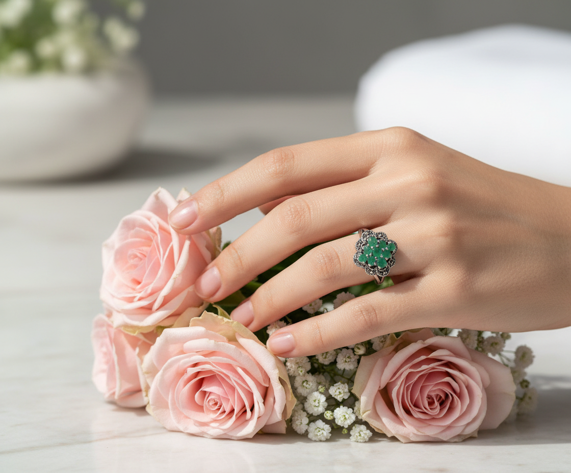 Bague en argent véritable et marcassites avec émeraudes vraies NACRELUNE Bague