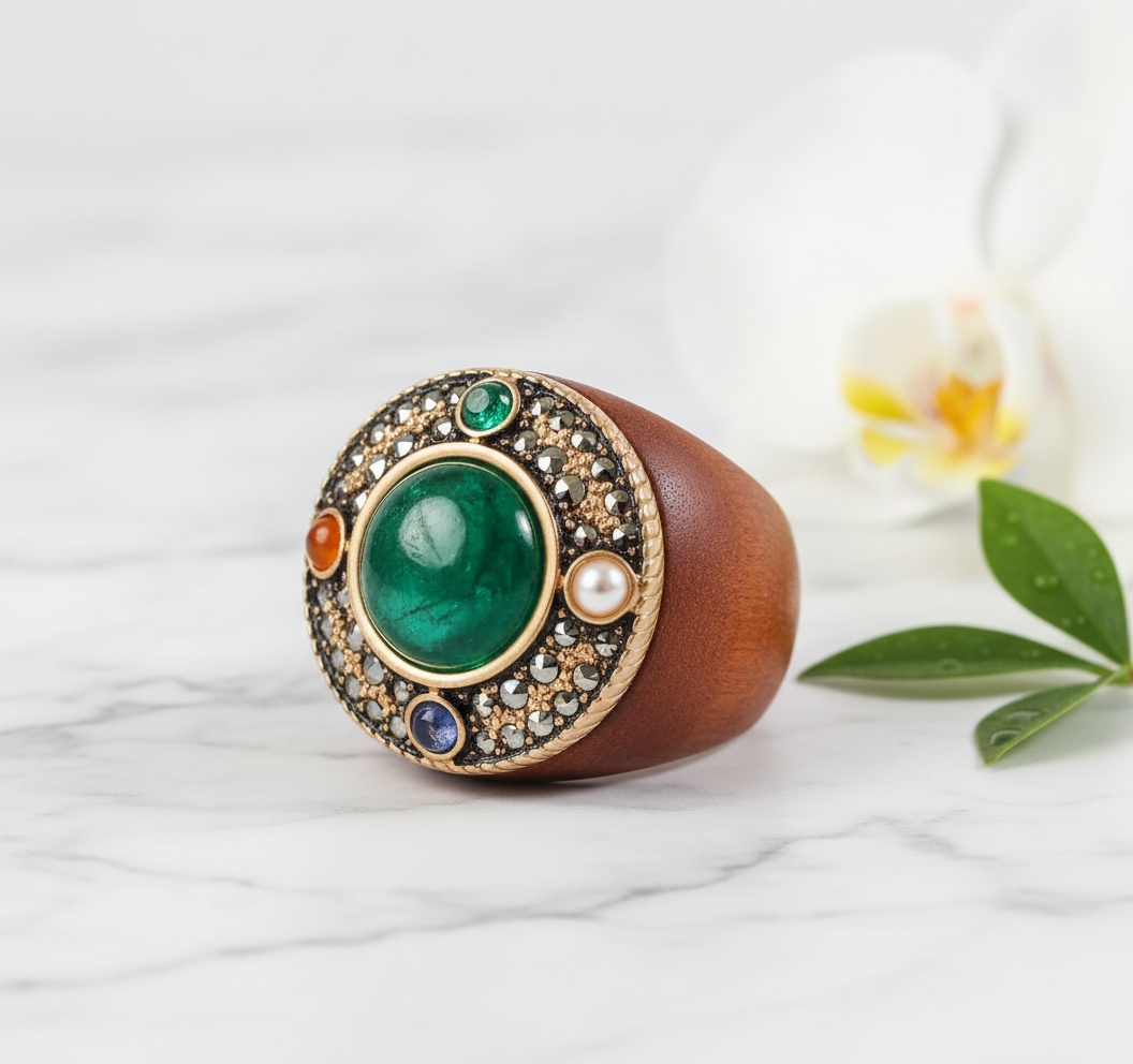 Bagues en bois naturel avec pierres véritables Vert (malachite) nacrelune.com Bague