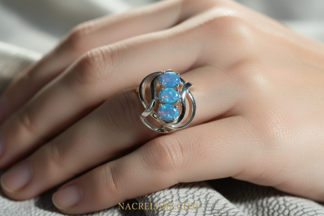 Bague en argent 925 avec opale de feu bleue NACRELUNE Bague