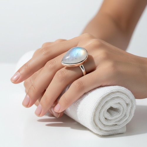 Bague en argent véritable avec magnifique pierre de lune bleue nacrelune.com Bague