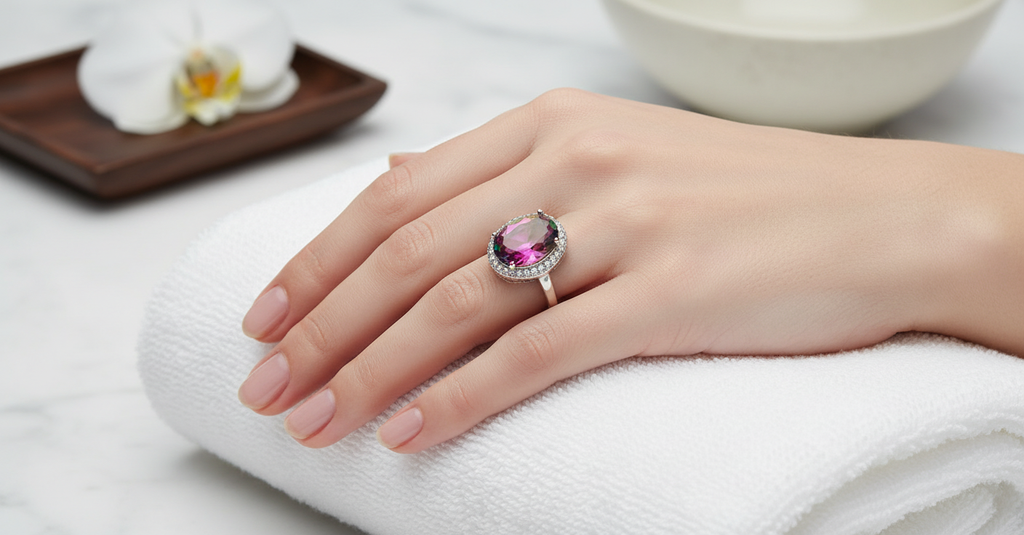 Bague en argent avec topaze mystique entourée de zirconias nacrelune.com Bague
