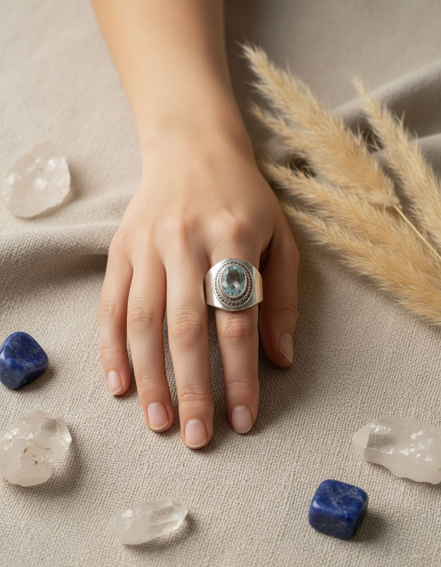 Bague en argent 925 avec topaze bleue NACRELUNE Bague