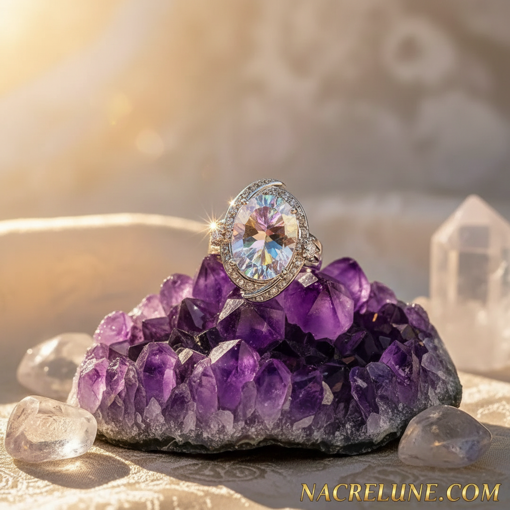 Bague argent 925 avec topaze traitée "mystique" arc en ciel nacrelune.com Bague