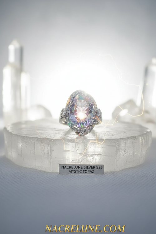 Bague argent 925 avec topaze traitée "mystique" arc en ciel 60 nacrelune.com Bague