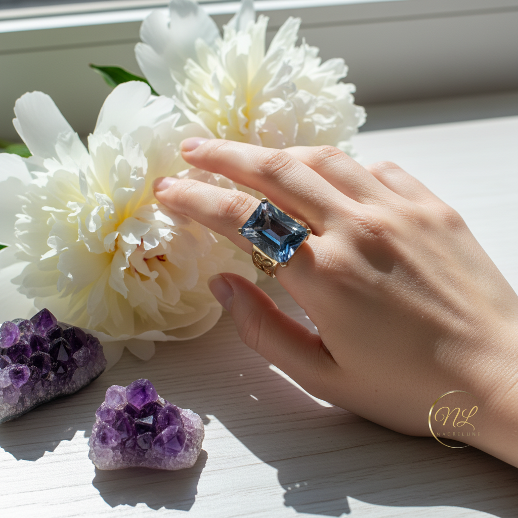 Bague en argent 925 avec topaze traitée "mystique" bleue nacrelune.com Bague