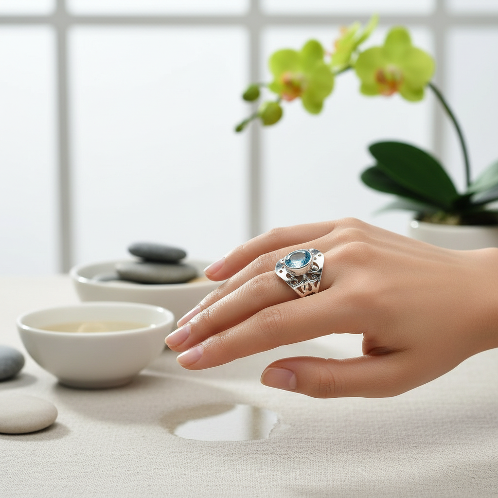 Bague en argent 925 avec topaze bleue taillée nacrelune.com Bague