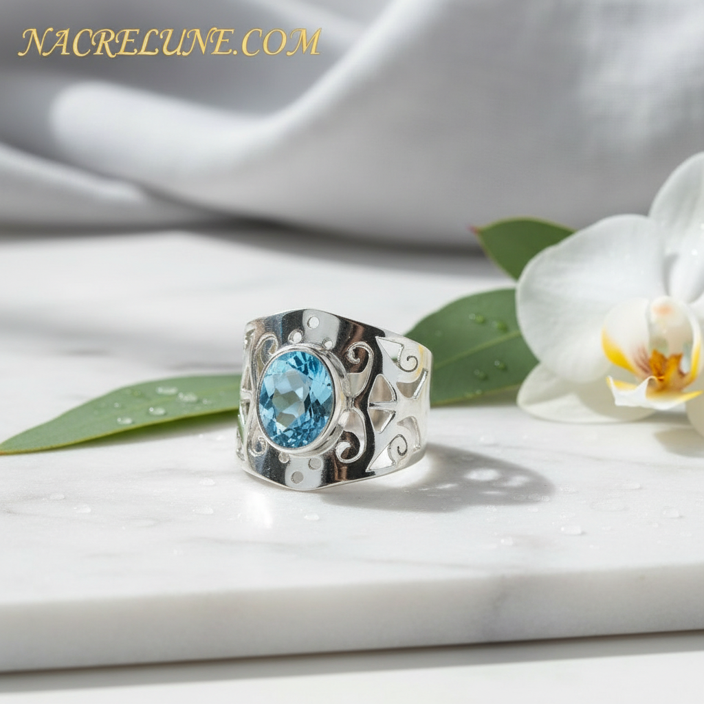 Bague en argent 925 avec topaze bleue taillée NACRELUNE Bague