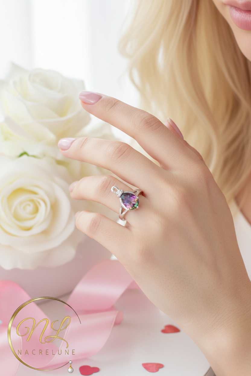 Bague en argent avec topaze taillée traitée nacrelune.com Bague