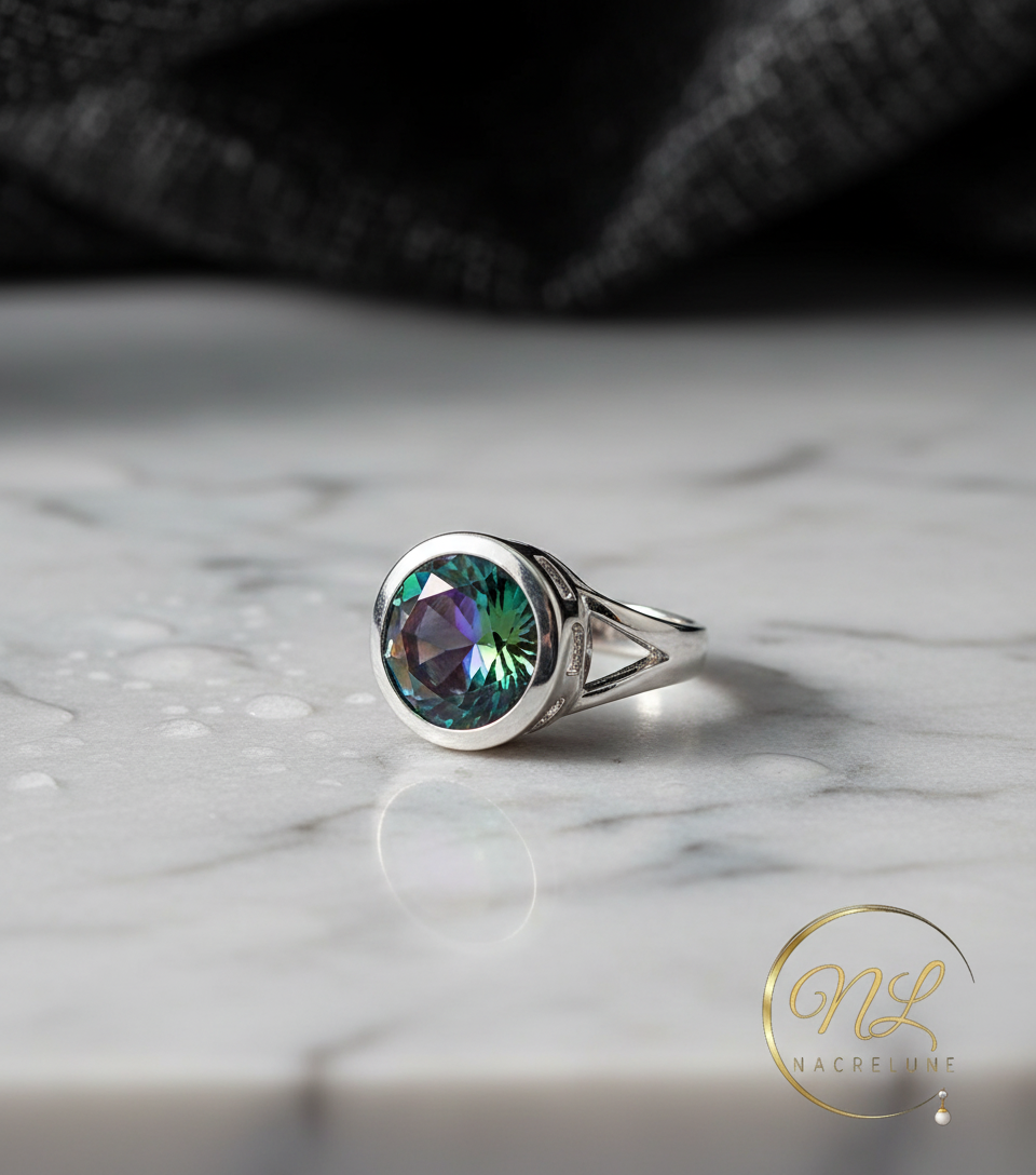 Bague en argent avec topaze taillée traitée mystique NACRELUNE Bague