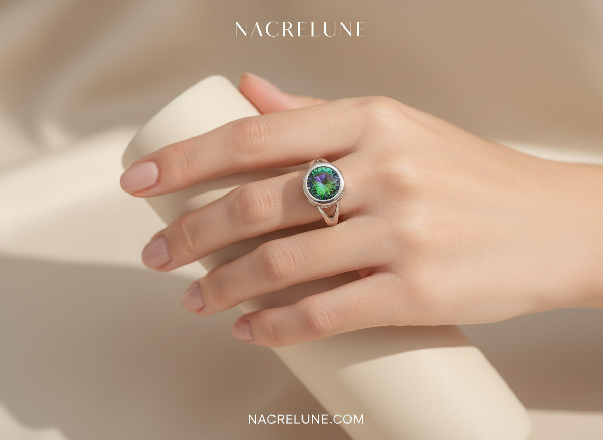 Bague en argent avec topaze taillée traitée mystique NACRELUNE Bague