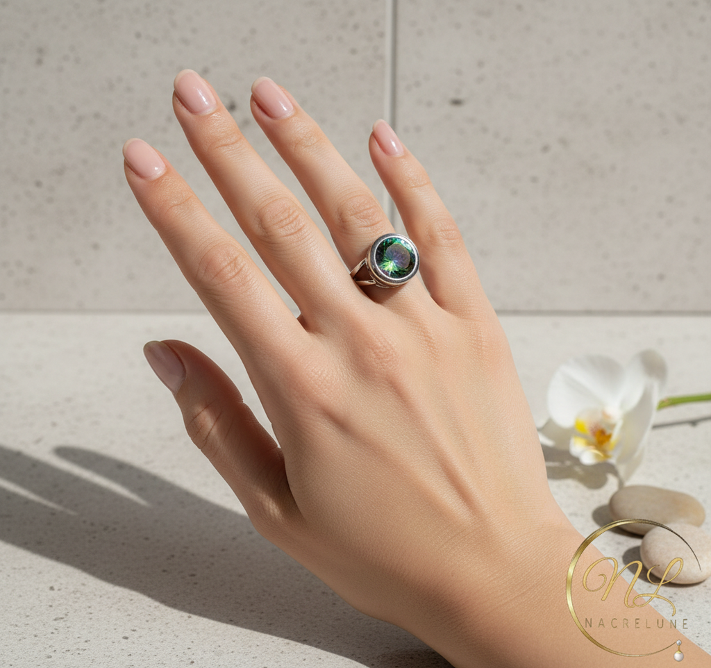 Bague en argent avec topaze taillée traitée mystique nacrelune.com Bague
