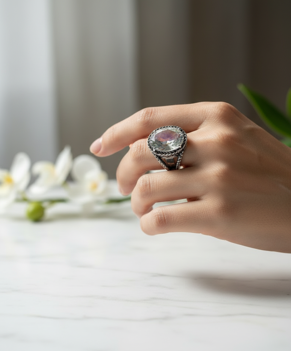 Bague en argent 925 avec topaze traitée mystique multicolore nacrelune.com Bague