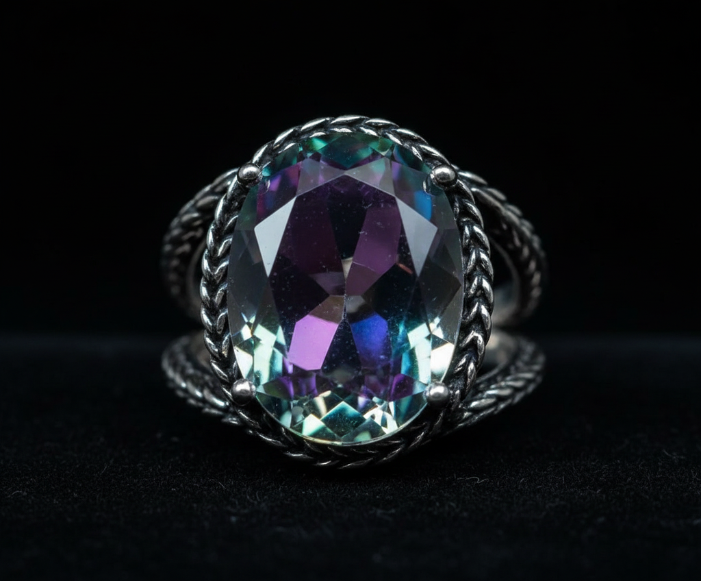 Bague en argent 925 avec topaze traitée mystique multicolore nacrelune.com Bague