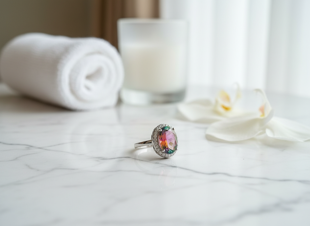 Bague en argent avec topaze mystique entourée de zirconias nacrelune.com Bague