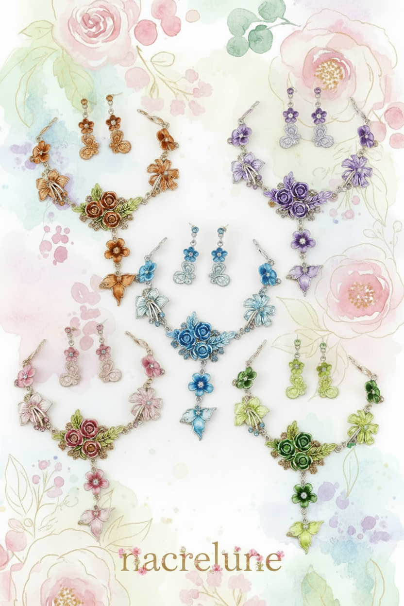 Parure en émail avec fleurs et feuilles, choisissez votre couleur nacrelune.com parure