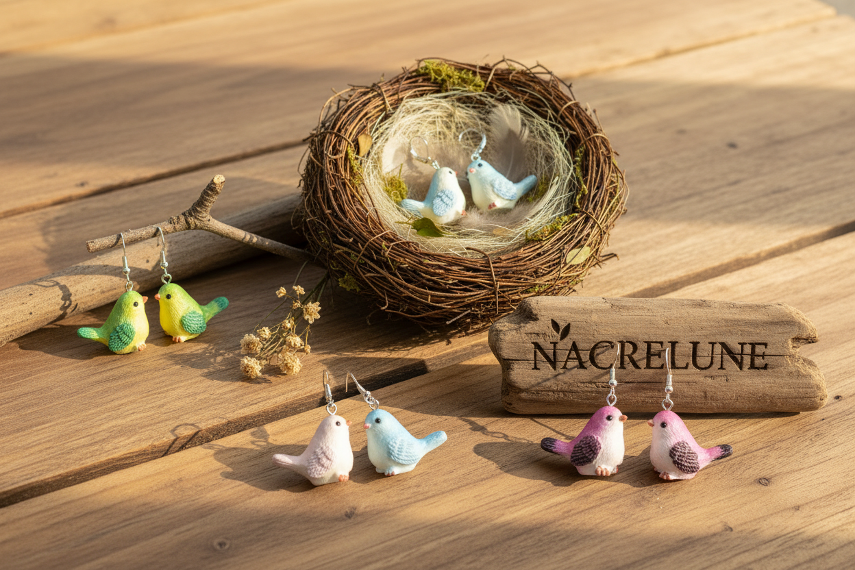 Boucles d'Oreilles Oiseaux en Résine - Bijoux Nature NACRELUNE nacrelune.com boucles d'oreille