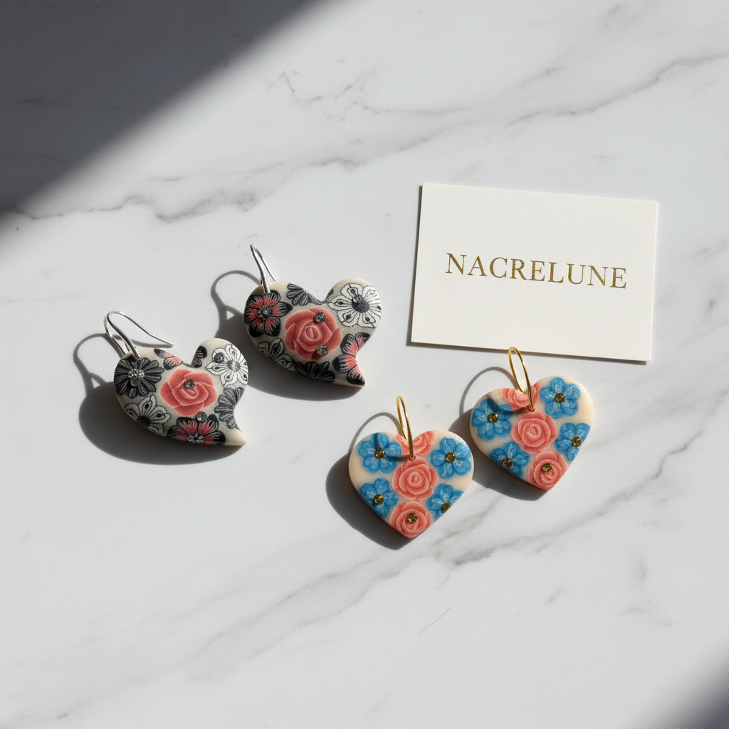 Black and blue earrings on marble