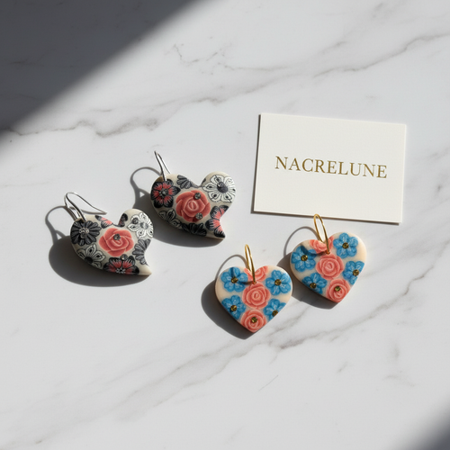 Black and blue earrings on marble