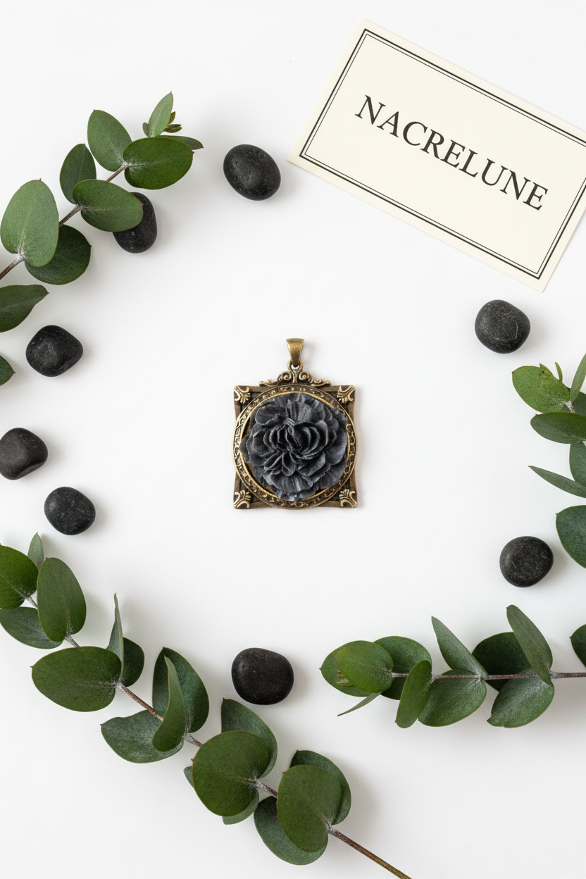 Pendentif cadre avec fleur, choisissez votre couleur Noir nacrelune.com pendentif