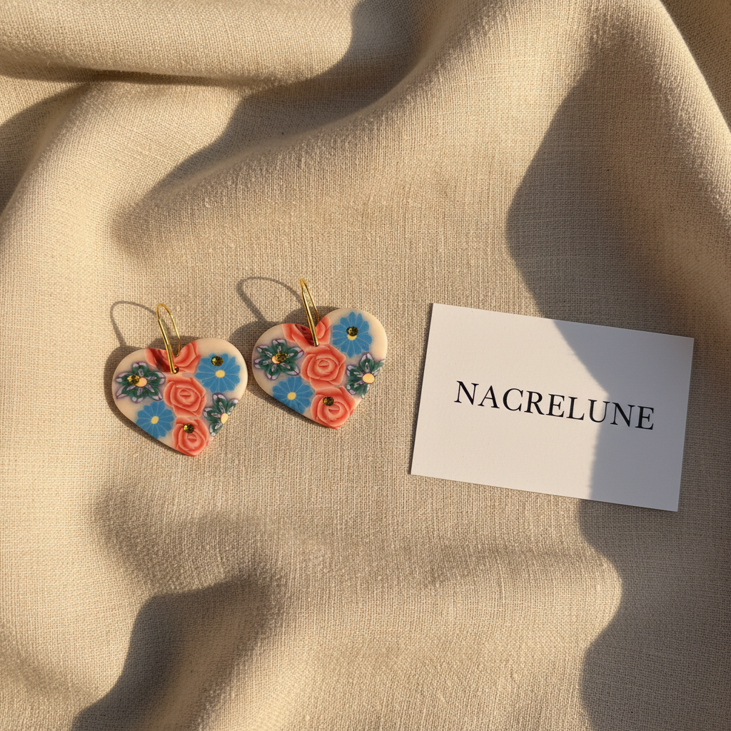 Blue and pink acrylic earrings on beige linen