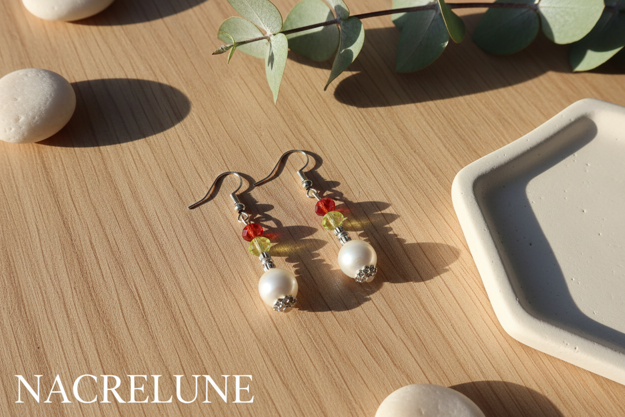 Boucles d'oreille perle de nacre et strass – Monture argentée & éclat cristallin nacrelune.com boucles d'oreille