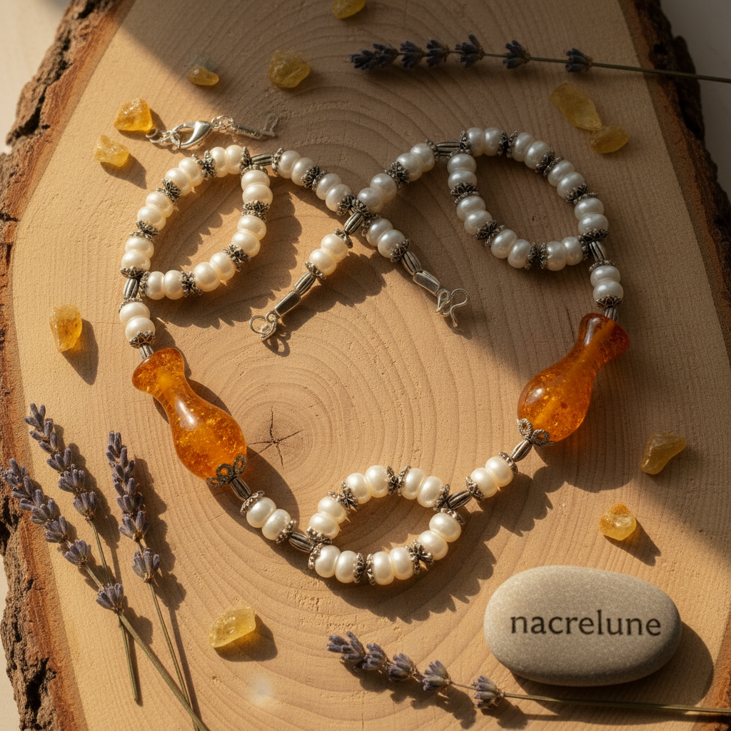 Collier en perles culture avec perles d'ambres pressé nacrelune.com parure