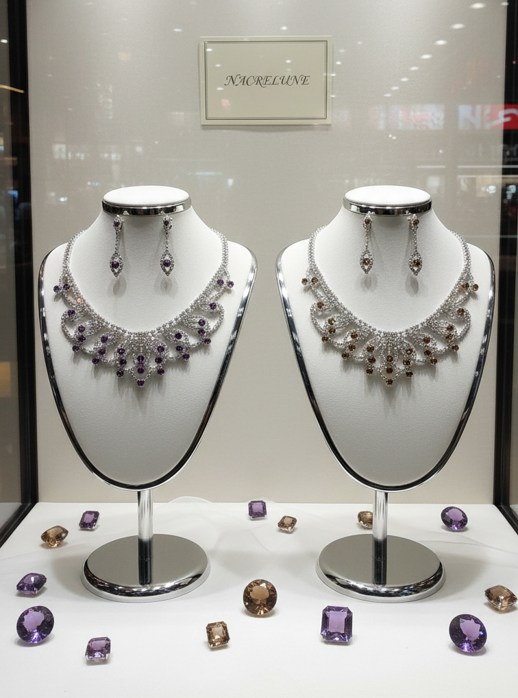 Parure en strass blancs et topazes ou améthyste, au choix