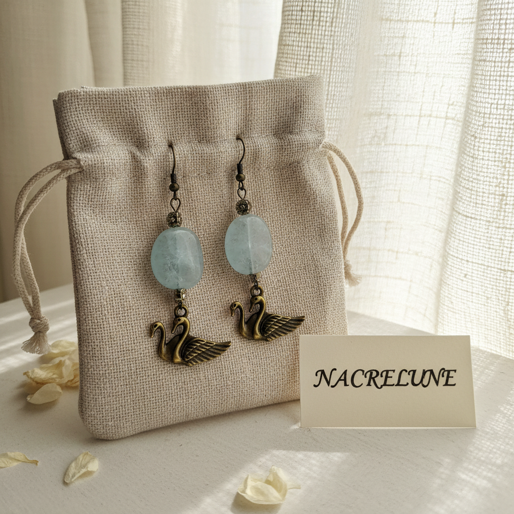 Boucles d'Oreilles Aigue-Marine Pierre Naturelle Bleue nacrelune.com boucles d'oreille