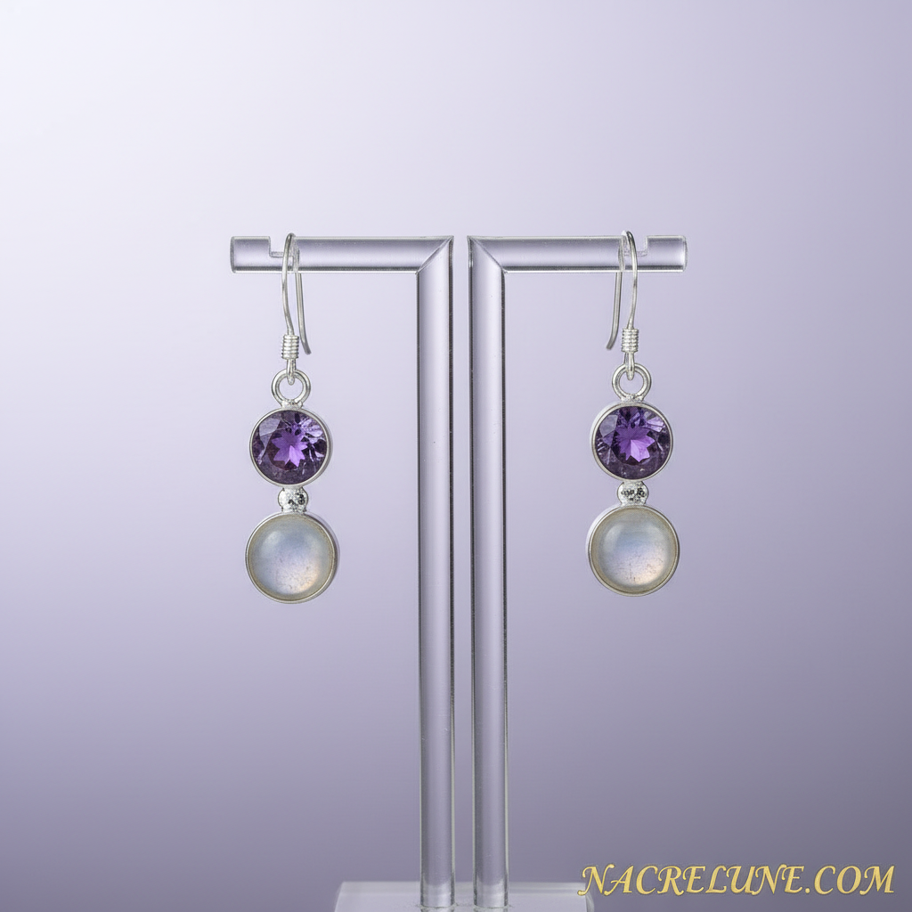 Boucles d'oreille en argent avec améthystes et pierres de lune nacrelune.com boucles d'oreille