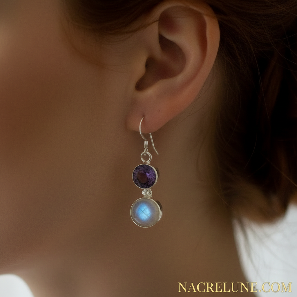Boucles d'oreille en argent avec améthystes et pierres de lune nacrelune.com boucles d'oreille