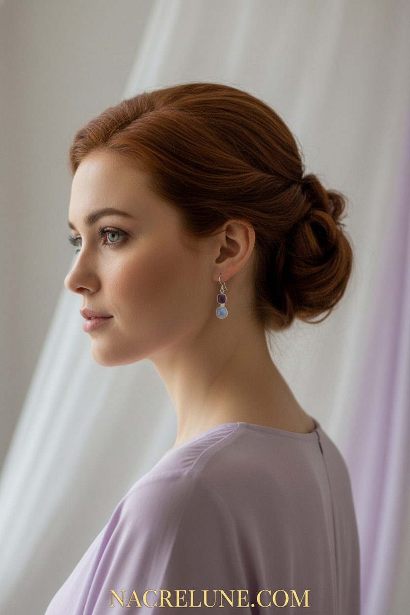 Boucles d'oreille en argent avec améthystes et pierres de lune nacrelune.com boucles d'oreille