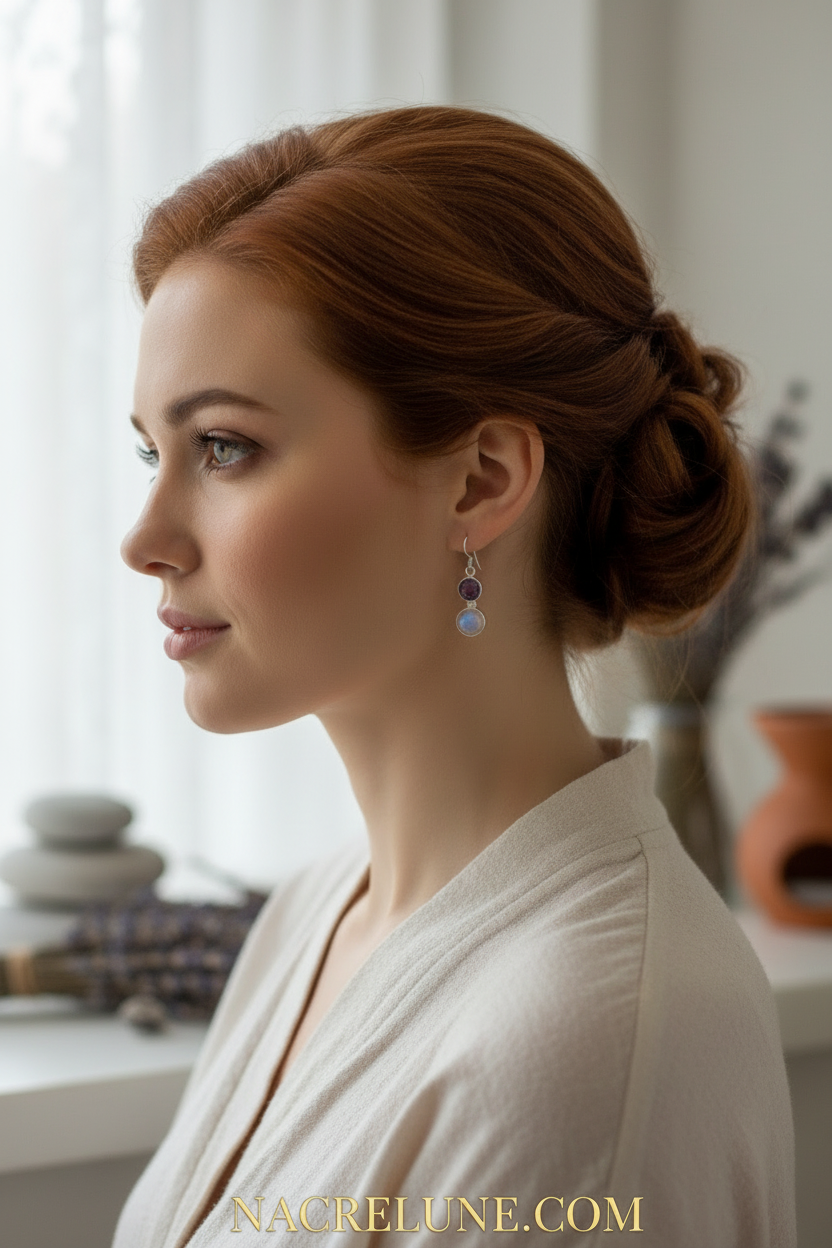 Boucles d'oreille en argent avec améthystes et pierres de lune nacrelune.com boucles d'oreille