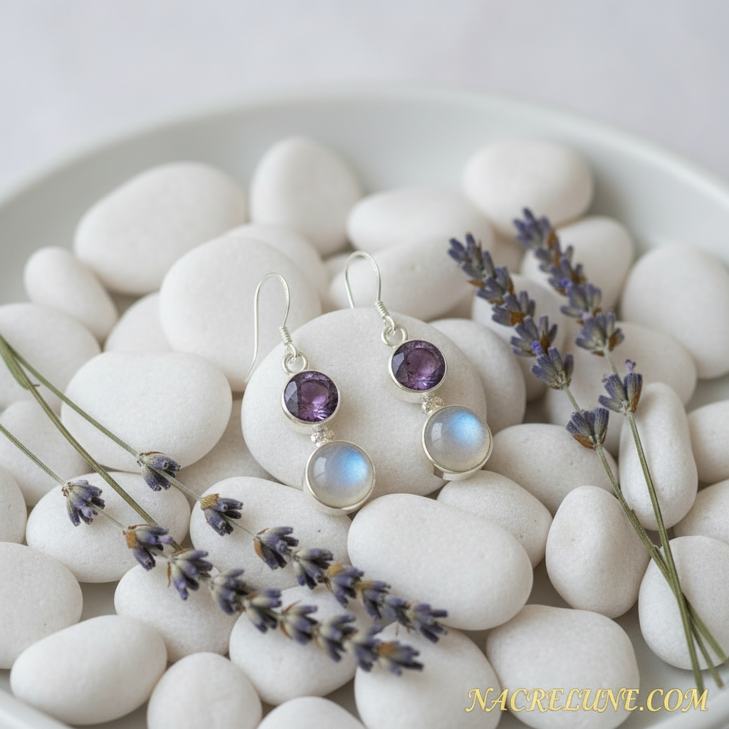 Boucles d'oreille en argent avec améthystes et pierres de lune nacrelune.com boucles d'oreille
