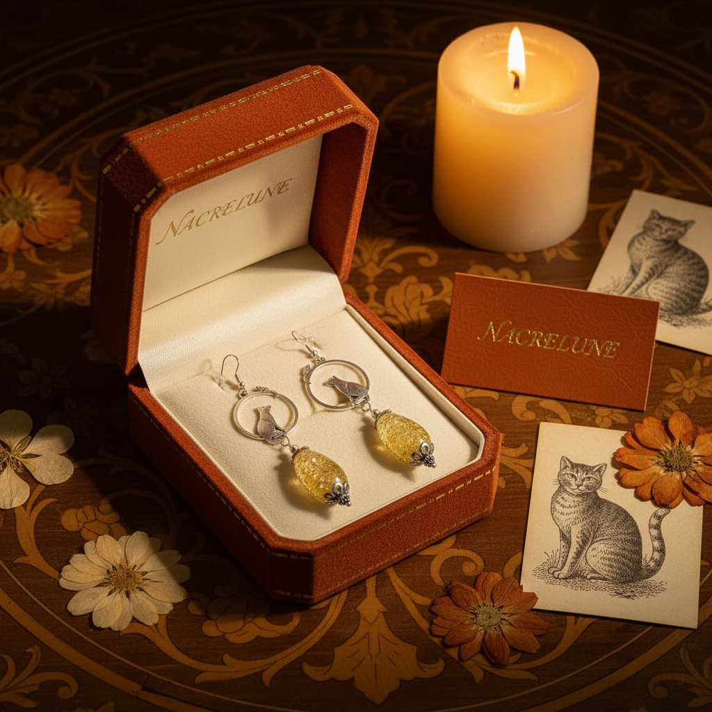 Boucles d’oreille en ambre avec chat nacrelune.com boucles d'oreille