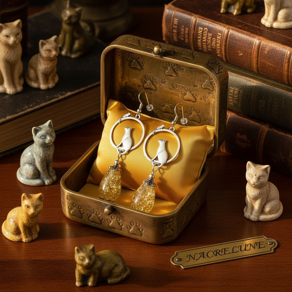 Boucles d’oreille en ambre avec chat nacrelune.com boucles d'oreille