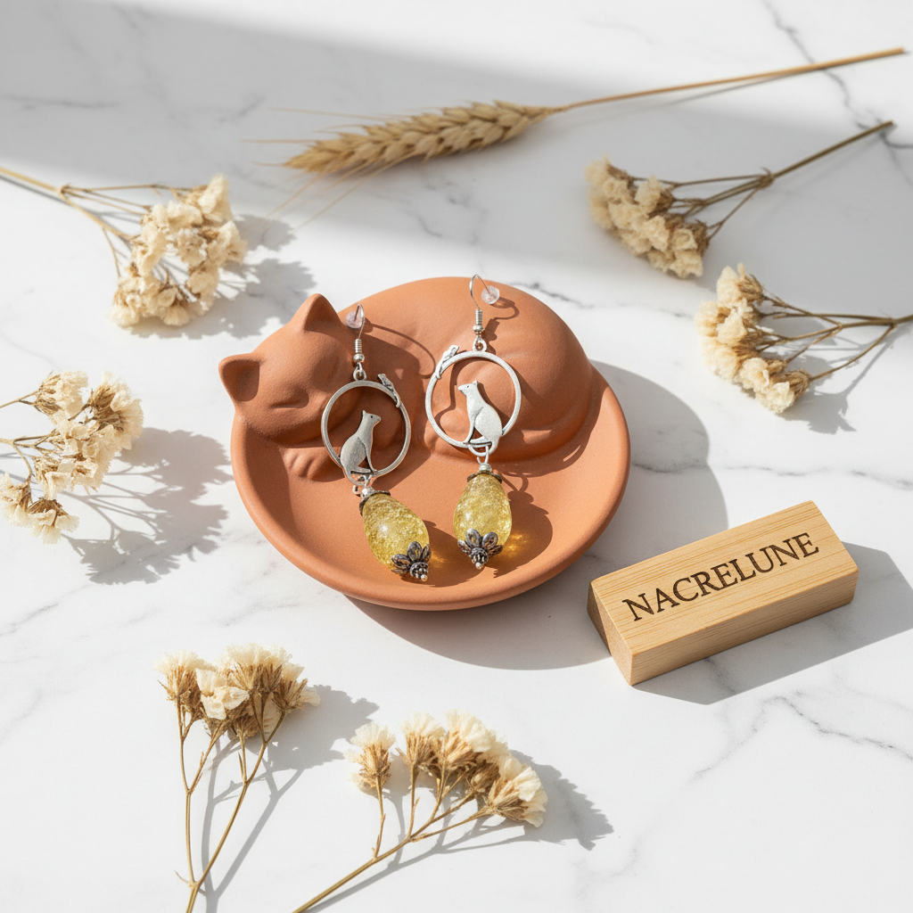 Boucles d’oreille en ambre avec chat nacrelune.com boucles d'oreille