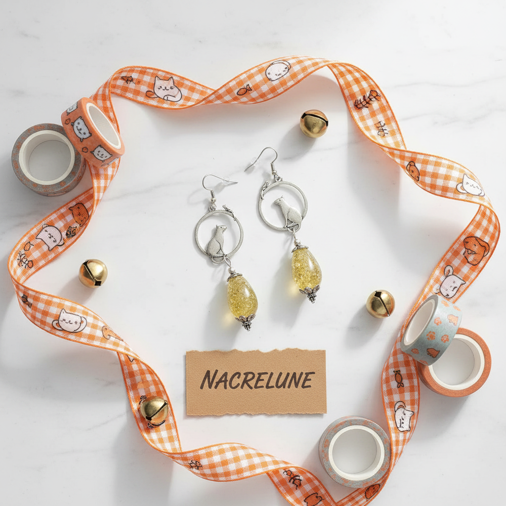 Boucles d’oreille en ambre avec chat nacrelune.com boucles d'oreille