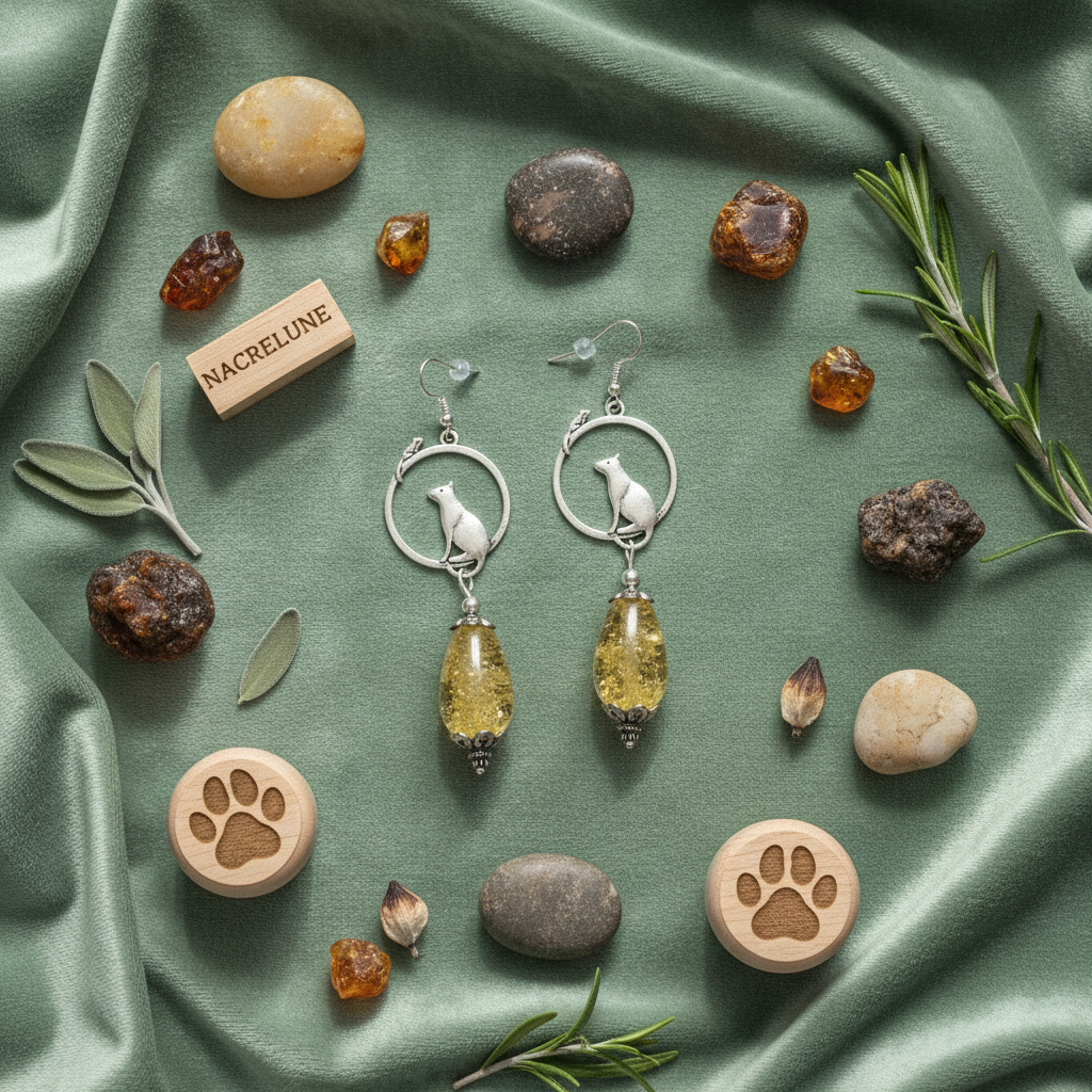 Boucles d’oreille en ambre avec chat nacrelune.com boucles d'oreille