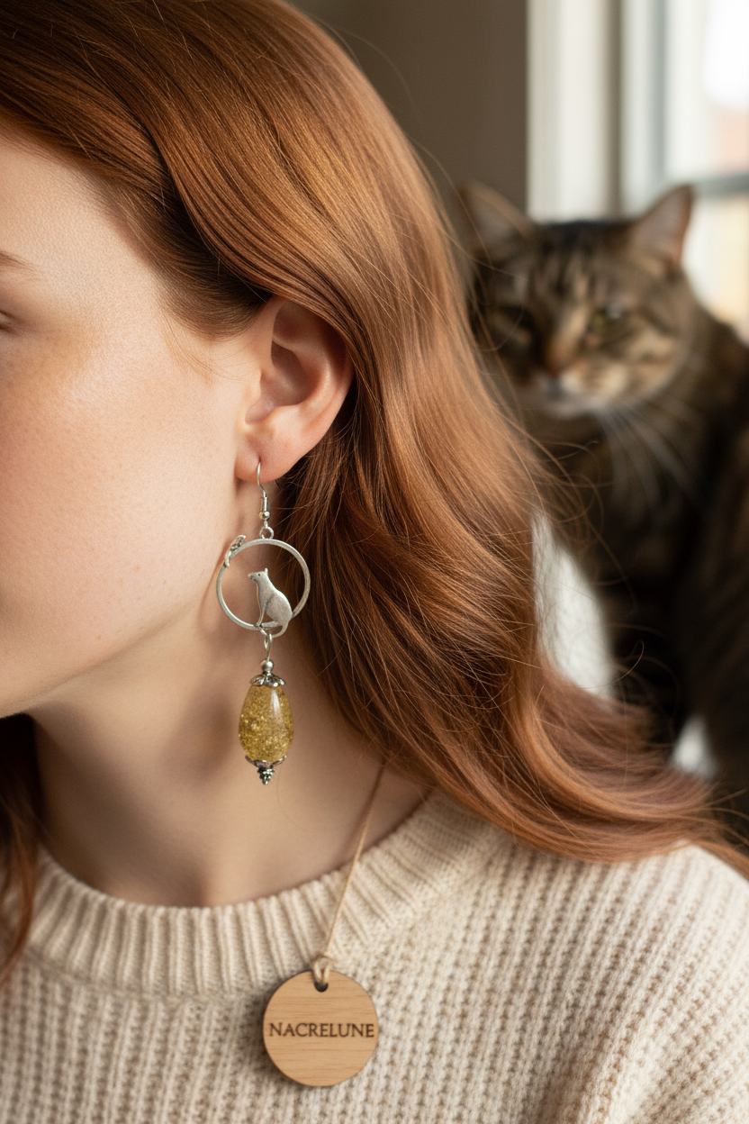 Boucles d’oreille en ambre avec chat nacrelune.com boucles d'oreille