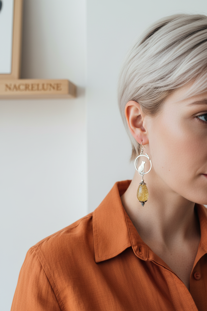 Boucles d’oreille en ambre avec chat nacrelune.com boucles d'oreille