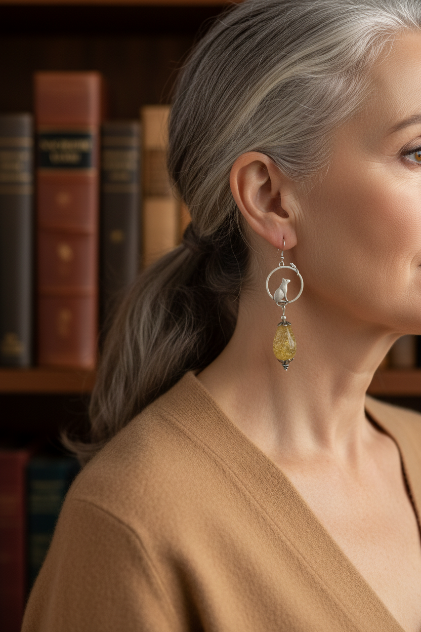 Boucles d’oreille en ambre avec chat nacrelune.com boucles d'oreille