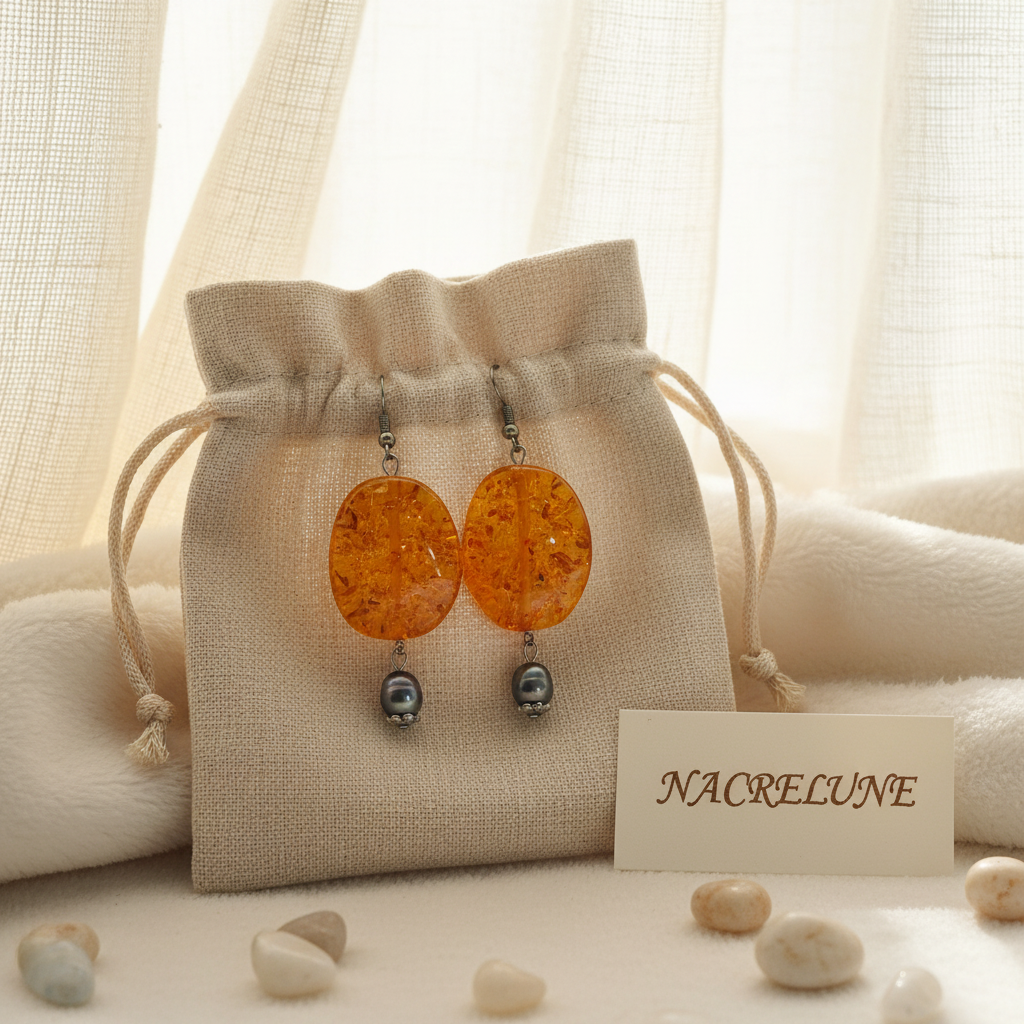 Boucles d'Oreilles Ambre Perles Culture Noires Naturelles nacrelune.com boucles d'oreille