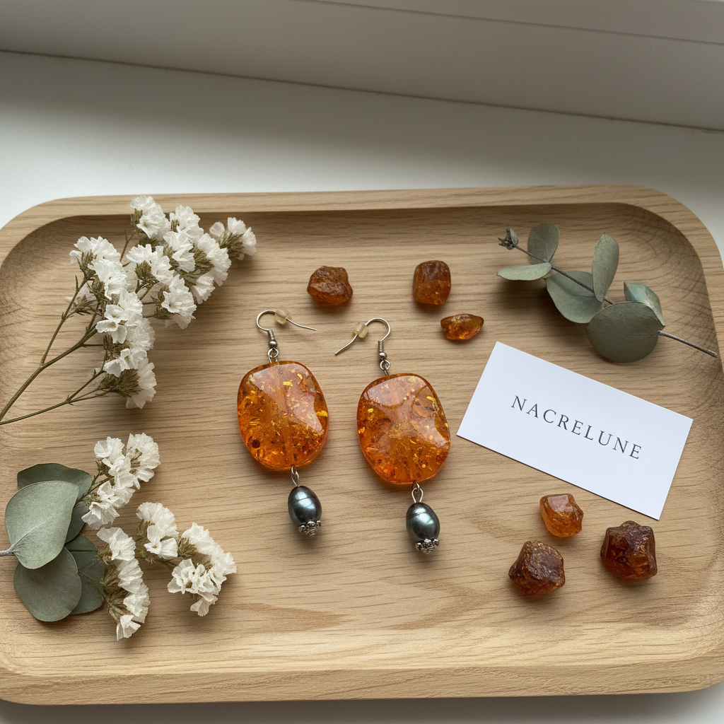 Boucles d'Oreilles Ambre Perles Culture Noires Naturelles nacrelune.com boucles d'oreille