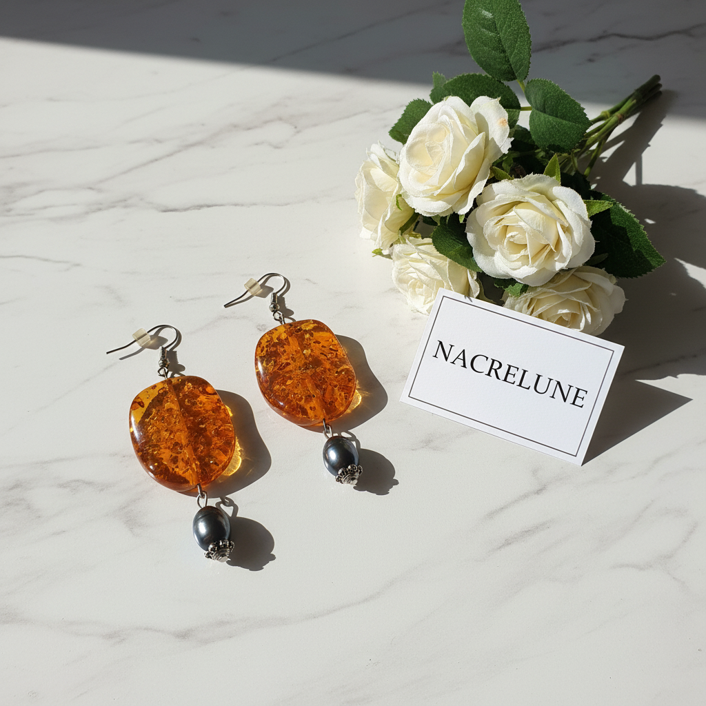 Boucles d'Oreilles Ambre Perles Culture Noires Naturelles nacrelune.com boucles d'oreille