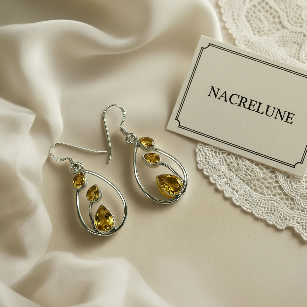 Boucles d’oreille en argent 925 : sélectionnez vos pierres, pierre de lune, améthyste ou citrine. Jaune nacrelune.com boucles d'oreille