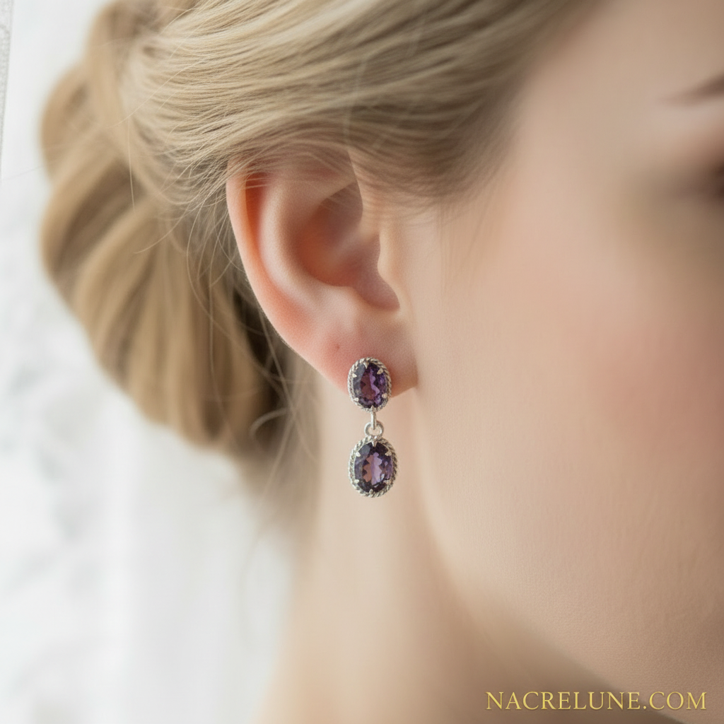 Boucles d'oreilles en argent et améthystes taillées nacrelune.com boucles d'oreille
